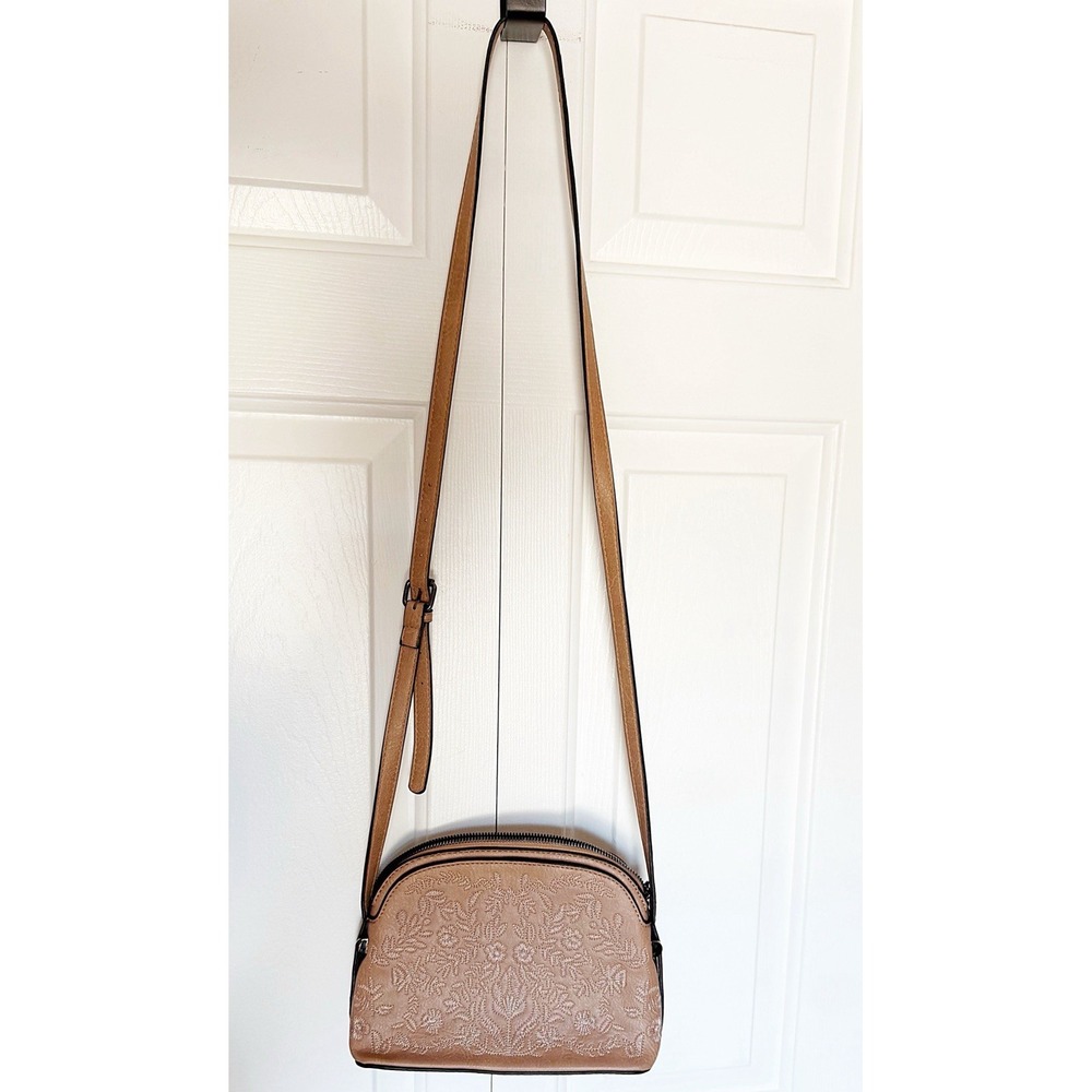 Sam & Hadley Tan With Floral Print Crossbody Purse. Adjustable Strap.
